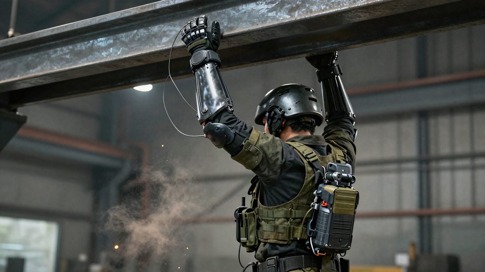 GoatArma Mitt in action. Industrial rescue scenario with powered grip assist and Core visible on tactical vest