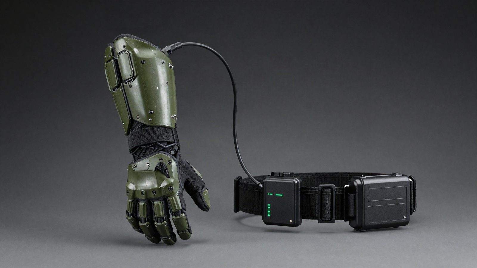 GoatArma Mitt connected to waist-mounted Power Core unit via cable harness
